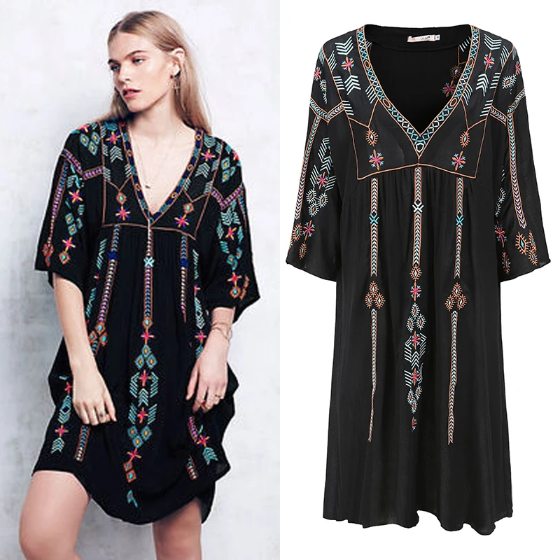 

2022 Summer New Embroidery Large V-neck Dress V-neck Bohemia Loose Waist Embroider Longuette Vintage Dresses Women Vestidos