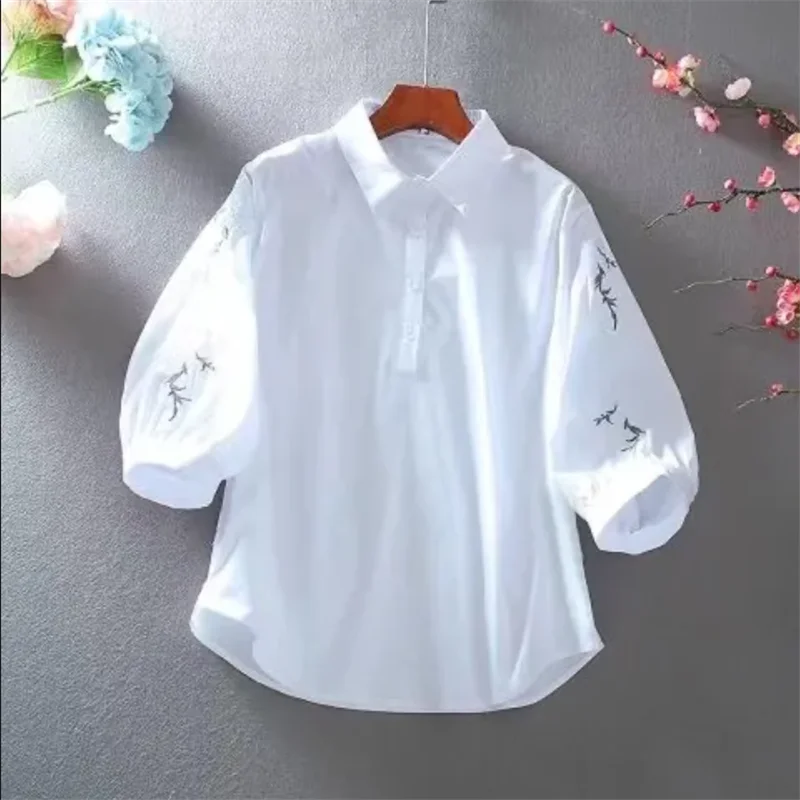 Белая Свободная рубашка женские блузки с вышивкой для женщин Повседневная