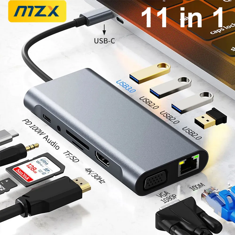 Фото Многофункциональная док-станция 11-в-1 с USB-C, 4K HDMI, Type-C 3.0, адаптером RJ45, концентратор для ноутбуков и аксессуаров №1