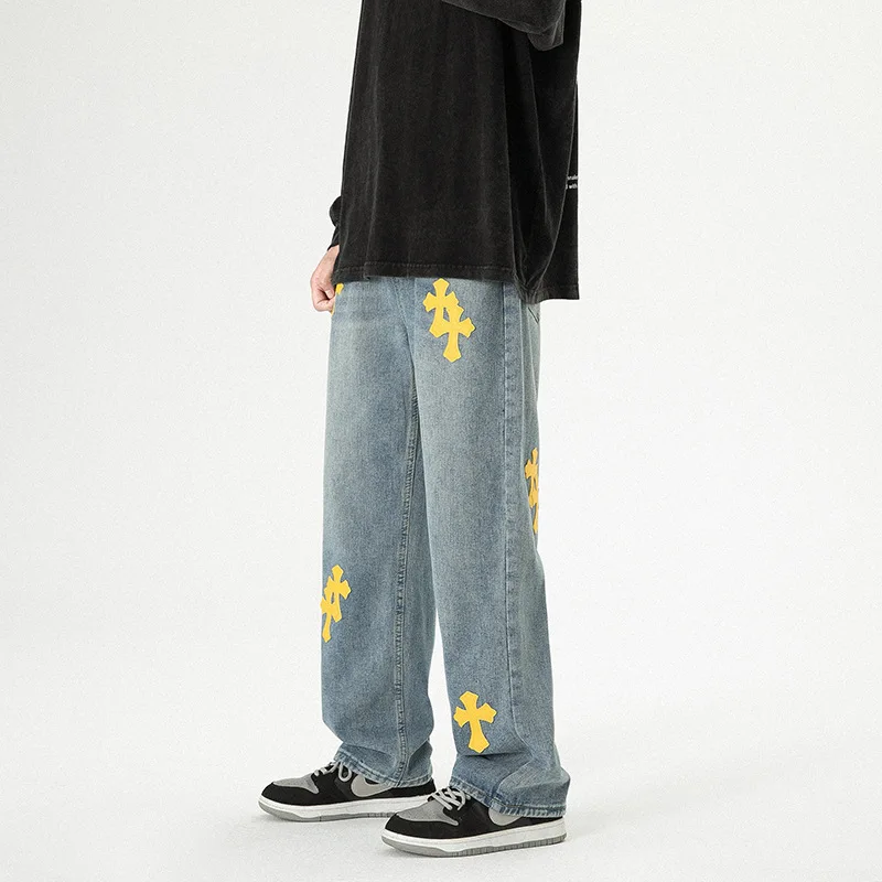 Four Seasons High Street Loose Casual Jeans Men's Street Straight Embroidered Cross Pants Jeans Men's Loose Wide Leg Jeans Men