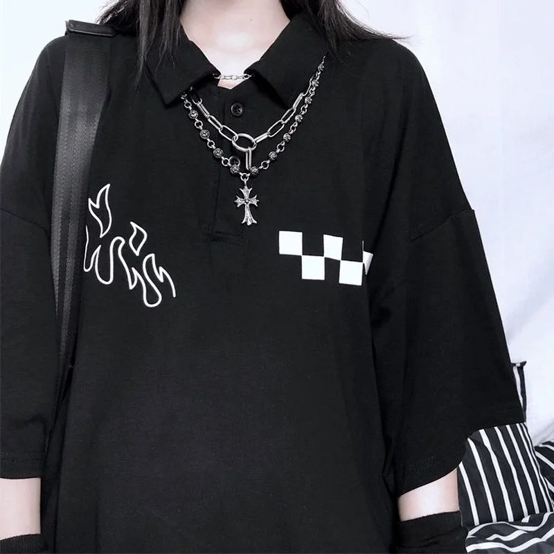 

Harajuku Polo Collar T-shirt Women Streetwear Japanese Style Short Sleeve Tees Tops woman Alt Clothes Female graphic t shirts