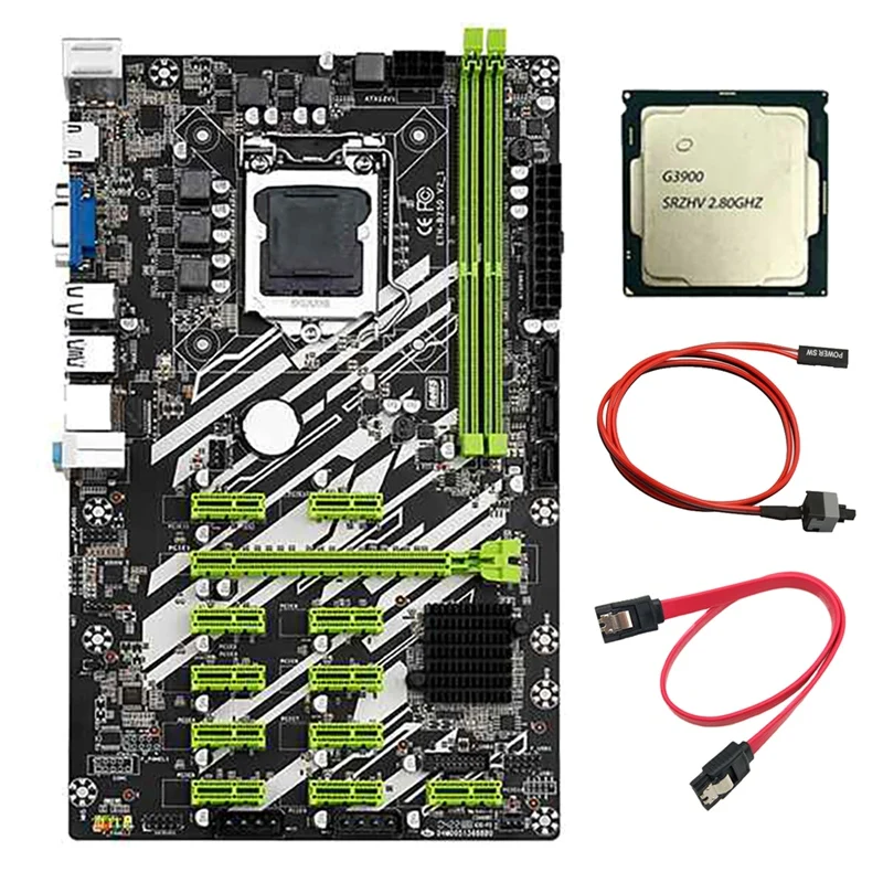 B250 BTC Mining Motherboard With G3900/G3930 CPU+Switch Cable+SATA Cable 12 PCI-E Slots LGA 1151 DDR4 RAM SATA3.0 USB3.0