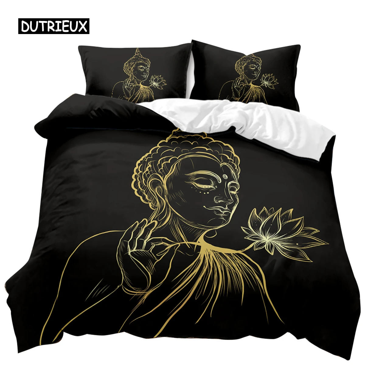 

Комплект постельного белья с изображением Будды, экзотический этнический Комплект постельного белья в богемном стиле, с цветами золотого, Черного Лотоса, двойной, Королевский, король, полиэстер