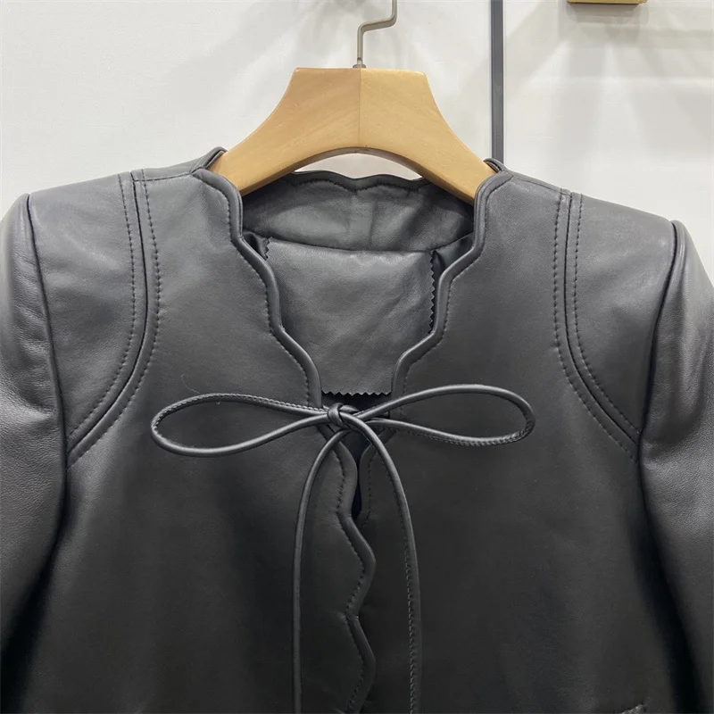 2022 New Real Sheepskin Leather Coats Female Women's Fashion Genuine Leather Motorcycle Jackets V Collar Outerwear With Belt
