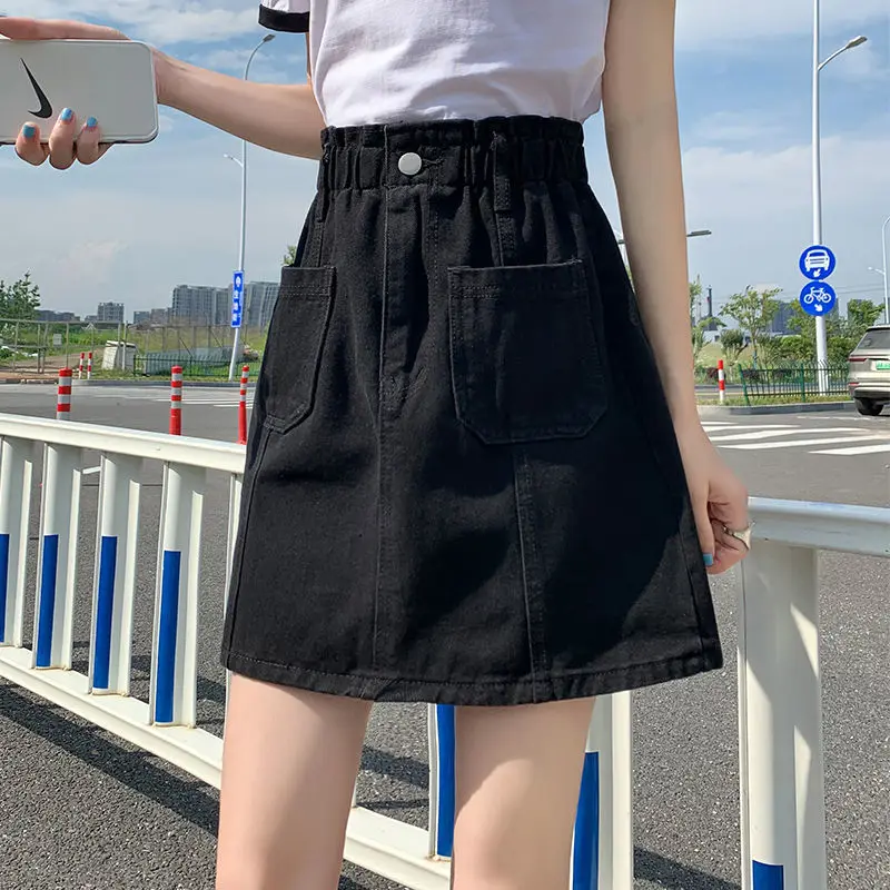 

Large Size High-waisted Denim Mini Skirt Women Summer Pocket A-line Black Jean Skirt Female Korean Fashion Faldas Mujer 5xl Y2k
