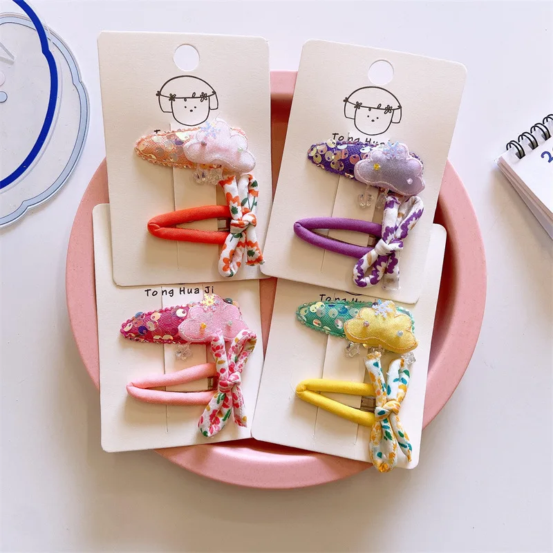 

Korean Version of Spring Sequin Cloud BB Clip Small Floral Bow Side Clip 2-piece Set for Children's Fashion Hair Accessories