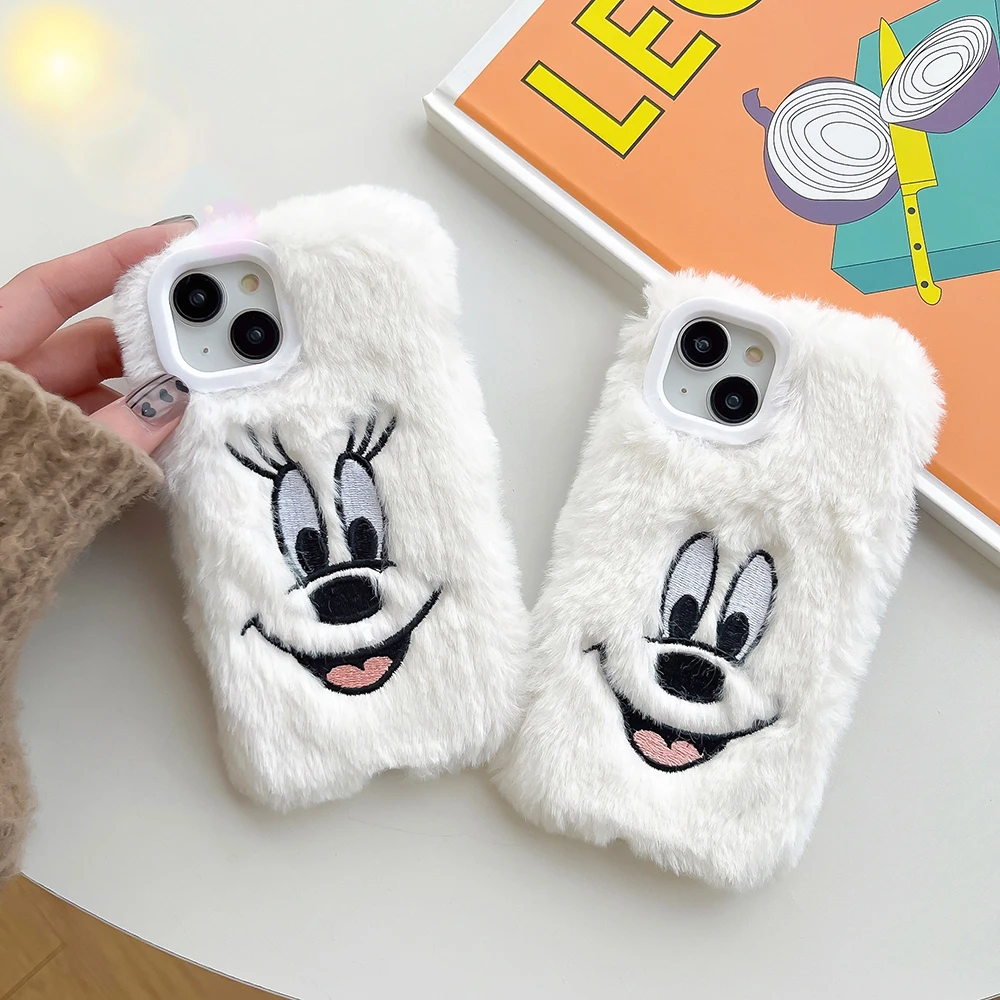 

Disney Mickey Mouse White Plush Phone Case For Iphone 11 12 13 14 Pro Max Plus SE 2020 Cartoon All-inclusive Anti-fall