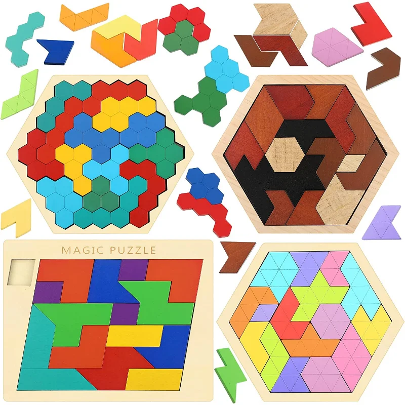 

Wooden Hexagon Puzzle Kid Adults Brain Teaser Blocks Puzzles Games Challenge Toy Shape Pattern Block Tangram Geometry Logic IQ