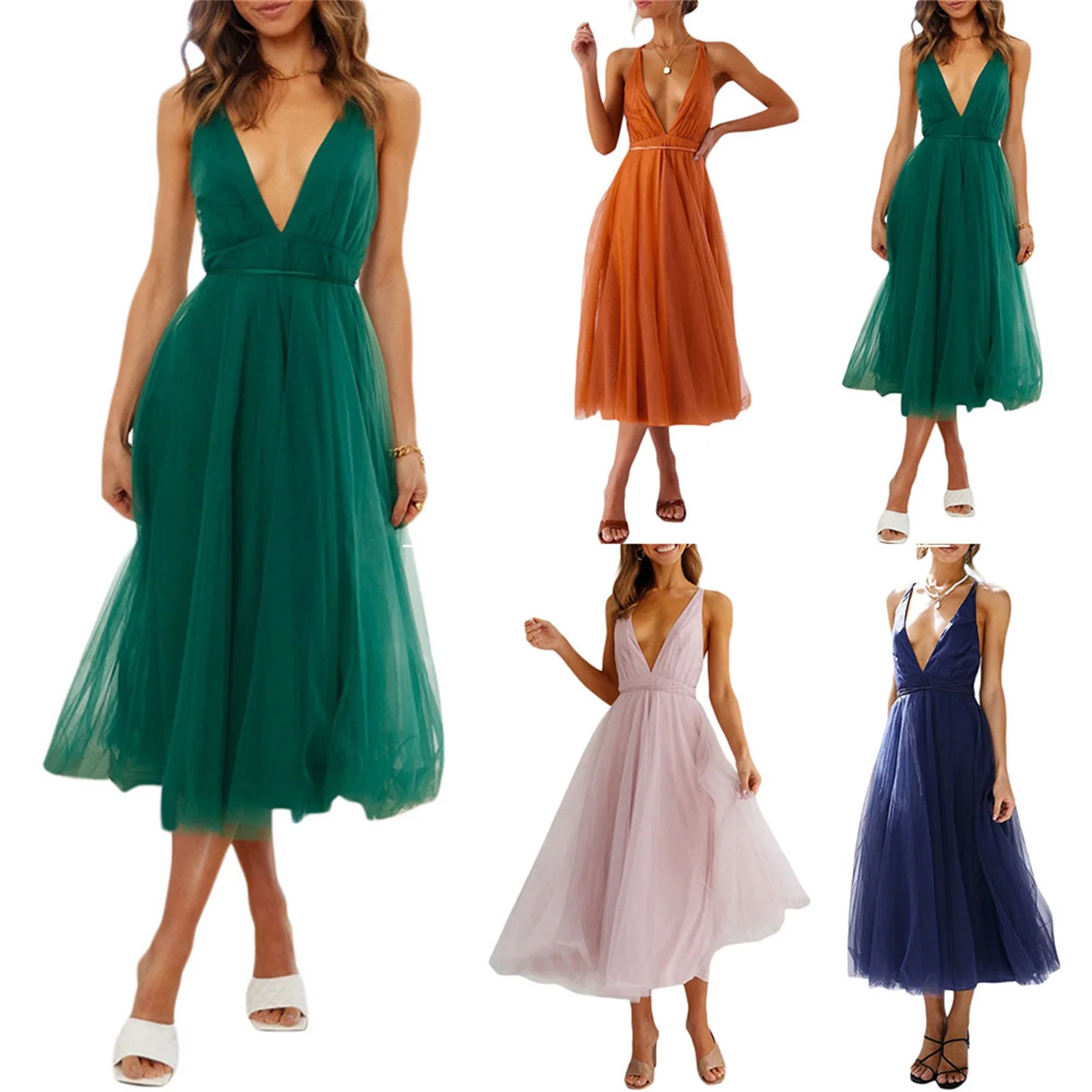 

Womens Casual Suspender Dress Fashion Solid Color Tie-up Backless Mesh Yarn Mid-length Dresses Deep V Neck Mesh Vestidos 2022