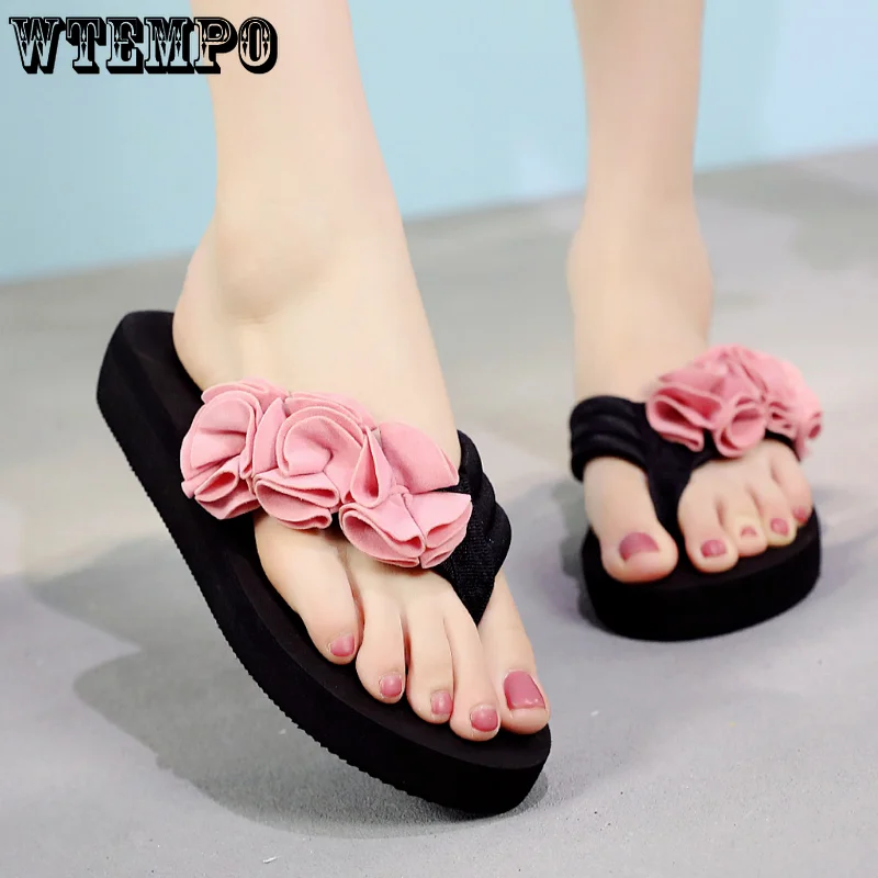 WTEMPO Flower Flip Flops Women Clip Toe Summer Non-Slip Beach Fashion Wedges Ladies Shoes Comfy Outdoor Slippers Wholesale
