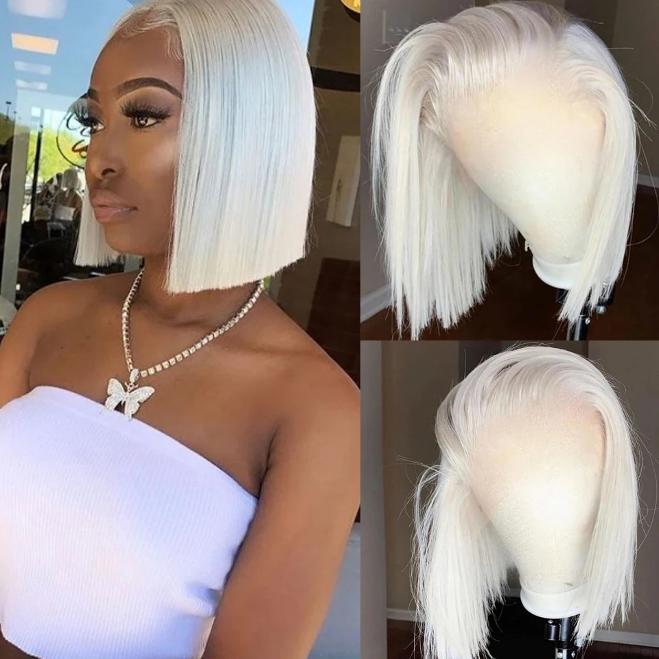 

13X4 #60 Color White Ash Blonde Bob Lace Front Wig Human Hair Pre Plucked Brazilian Remy Straight Lace Frontal Wig For Women