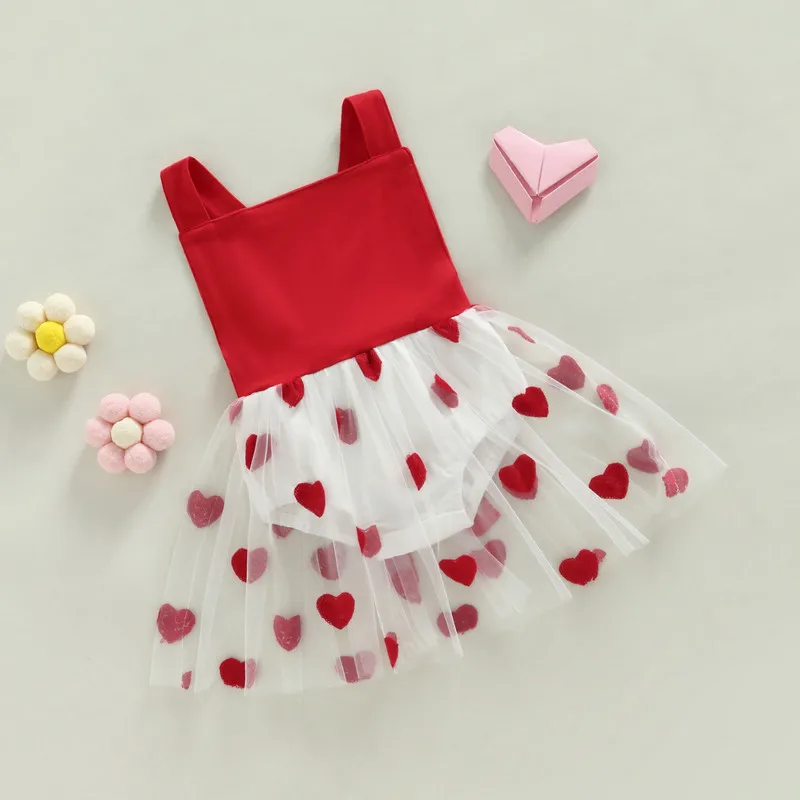 

Newborn Baby Girls Bodysuit Summer Clothes 2023 Patchwork Sleeveless Heart Print Tulle Decoration Jumpsuit 0 to 18 Months