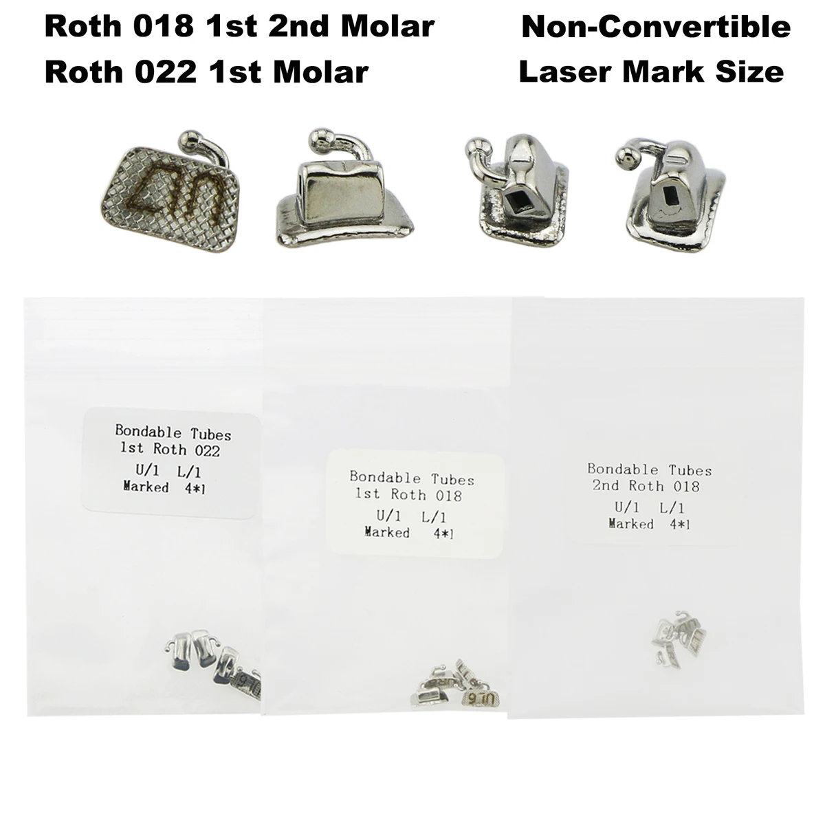 

40Pcs Dental Orthodontic Non-convertible Metal Buccal Tube Roth 018/022 1st 2nd Molar Laser Marking Mesh Base Easy Bonding