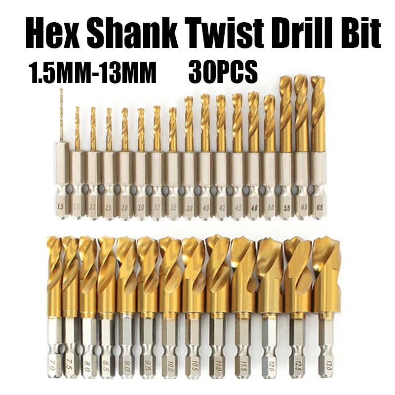 30PCS 1.5MM-13MM Hex Shank Twist Drill Bit Titanium Coated Drill HSS 1/4 Shank Ultra-short Drill Wood/Metal Hole Opening Cutting