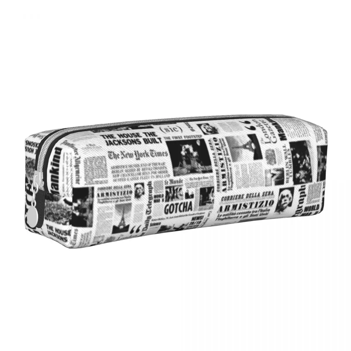 

Vintage Newspaper Square Pencil Case Black White Elementary School Boy Girl Leather Pencil Box Cool Zipper Pen Bags