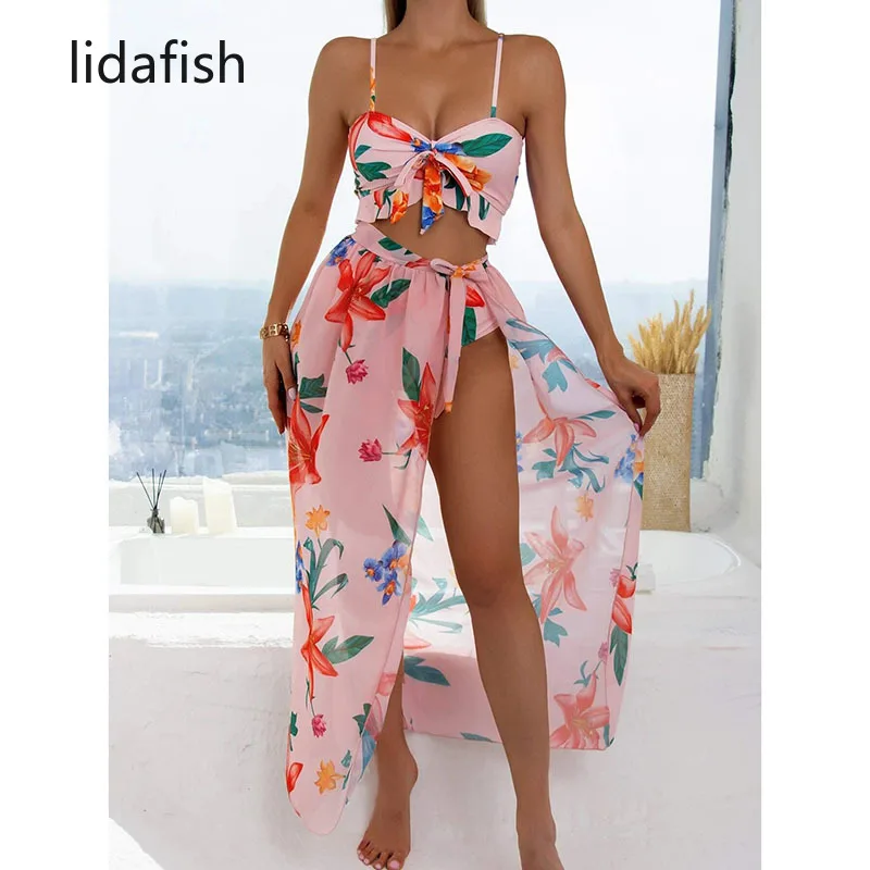 lidafish New Print 3 Pieces Set Swimsuit Women High Waist Swimwear Lace Up Bikini Set With Skirt Beachwear Bathing Suit