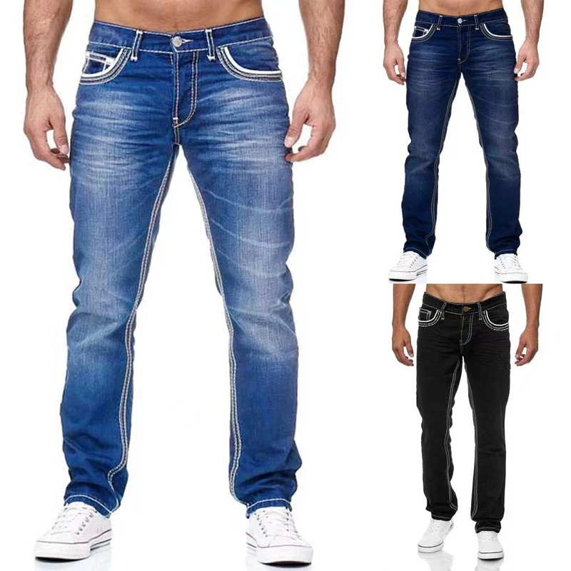 2022 European American New Black Men's Jeans Blue Straight Loose Overalls Sports Breathable Brand Trousers джинсы широкие S-XXXL