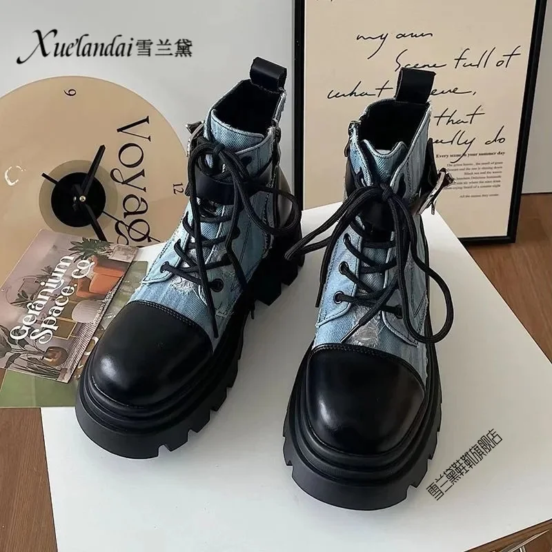 

Denim Butterfly Martin Boots Women 2023 Autumn New Sweet Cool Wind INS Retro Fashion Versatile Thick Bottom Short Boots Lace Up