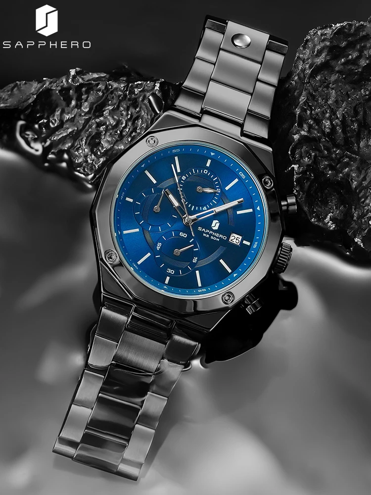 SAPPHERO Мужские кварцевые часы черные наручные из нержавеющей стали