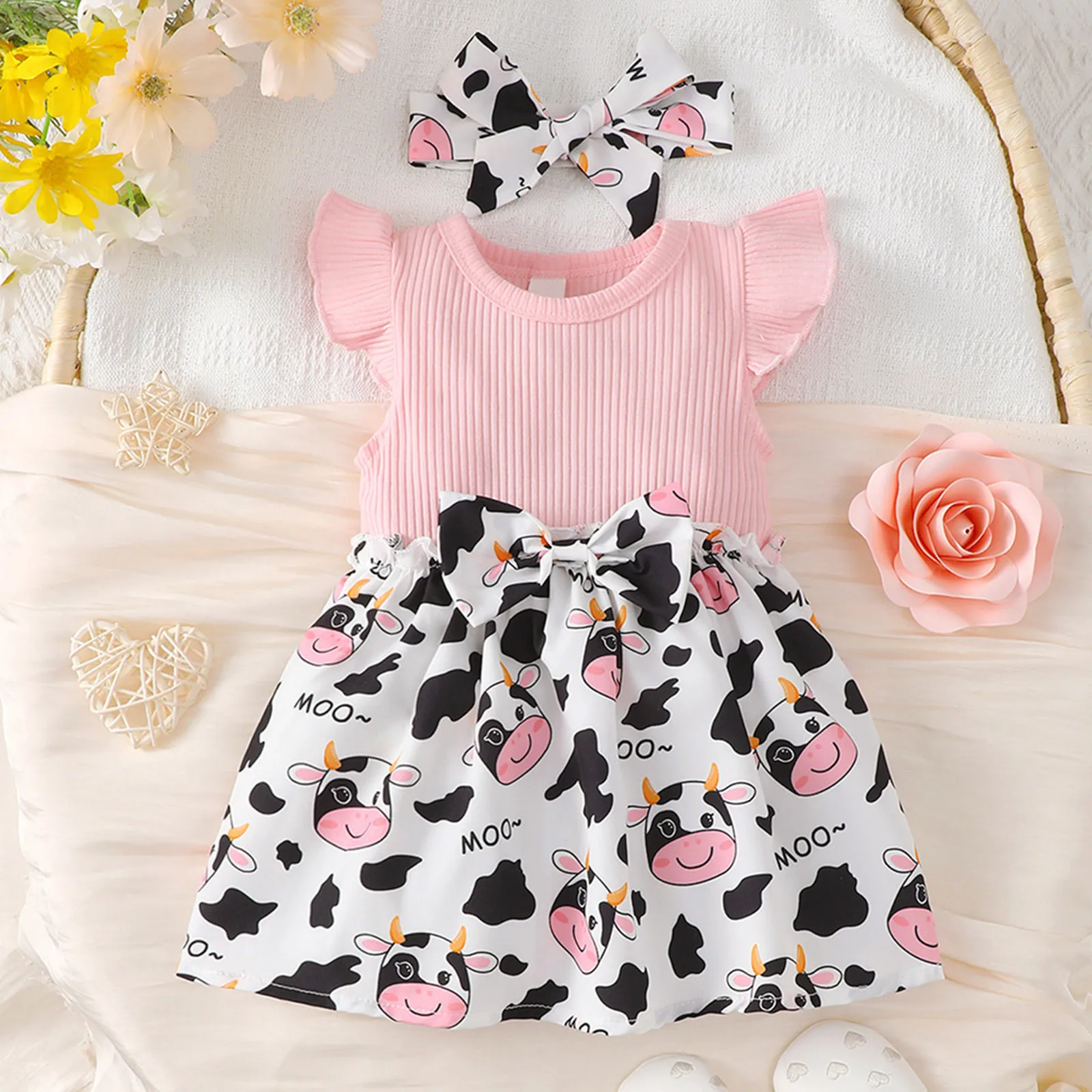 0-3Y Toddler Summer Beach Sundress For Girls  Fly Sleeve Cow Prints Ribbed Patchwork Party Dresses Headband Baby Clothes 3 Color