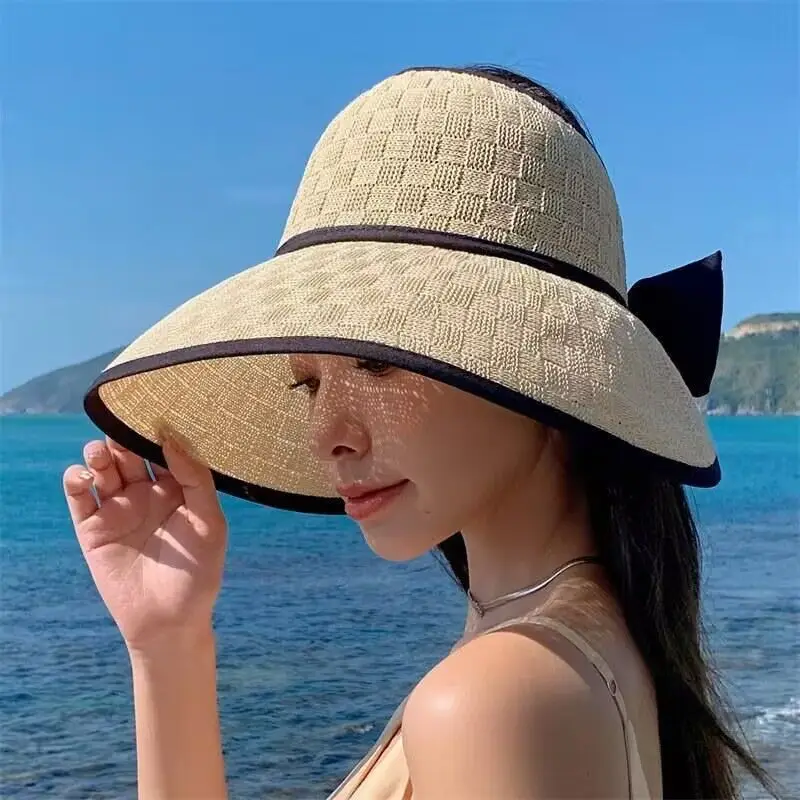 

New Summer Empty Top Wide Brim Sun Hat For Women Portable Roll-up Beach Hat Anti-UV Travel Straw Cap Visors Cap Fisherman's Hat
