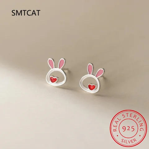 Серебряные серьги-гвоздики с сердечком и кроликом SMTCAT
