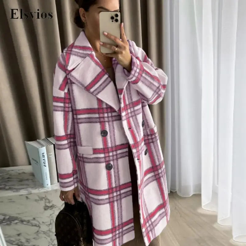 

Autumn Winter Turn-down Collar Outerwear Tops New Fashion Button Plaid Print Overcoat Casual Long Sleeve Loose Women Coat Jacket