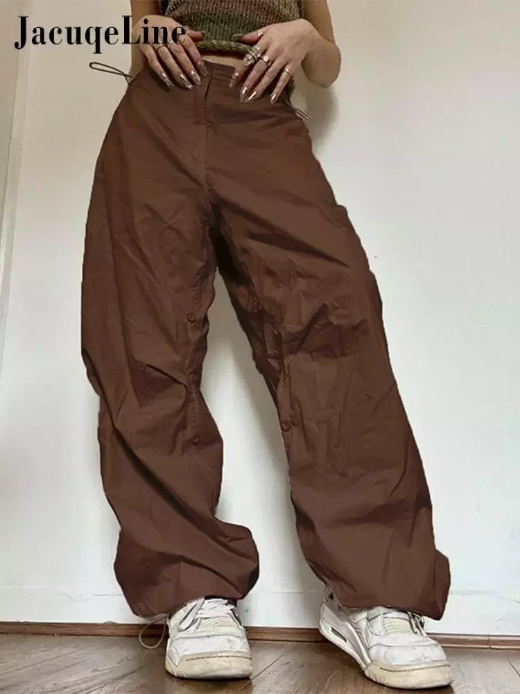 

Jacqueline Y2K Wide Leg Cargo Pants Women Drawstring Baggy Low Waist Fashion Hippie Trousers Pocket Casual Street Vintage Brown