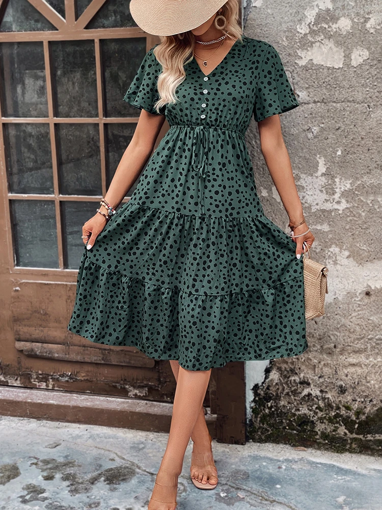 

JIM & NORA Summer Street Dot Print Elegant Vintage Midi Lady Dress V Neck Pleat Solid Color High Waist Female Dresses