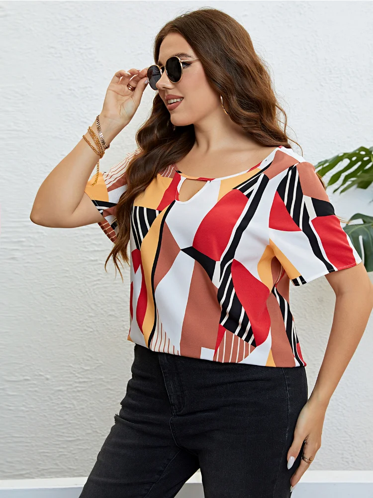 Summer round neck patchwork color loose breathable top top plus size  t-shirts  roupas femininas