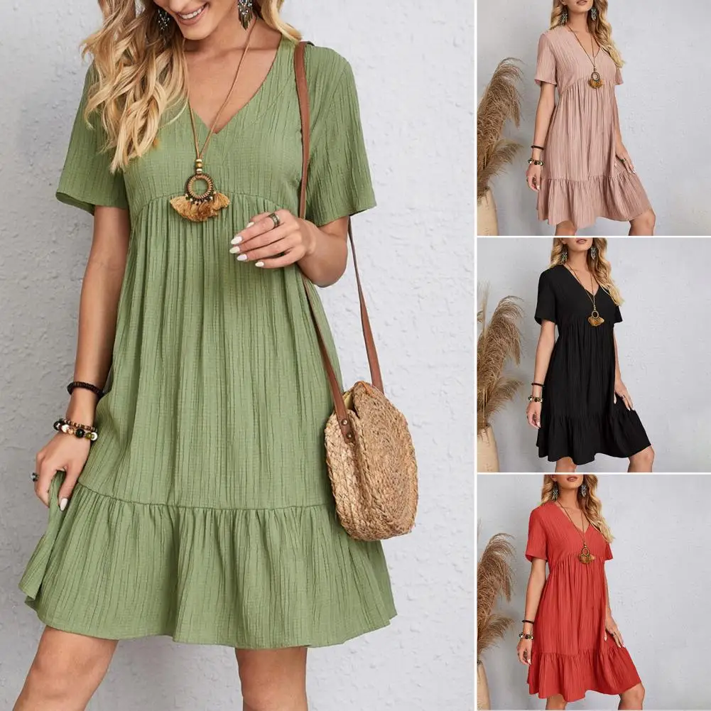 Women Causual V Neck hort Sleeve Ruffles Mini Dress Boho Solid Beach Sundress Oversized Loose Dress 2023 Summer