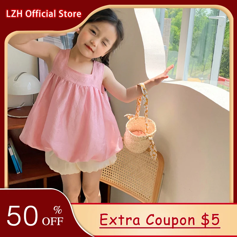 

LZH 2022 summer kids clothes girls sleeveless top shorts 2Pcs set Children's clothing sets Fashion baby girls suit 2-3-4-8 years