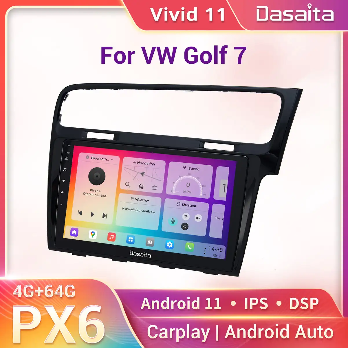 

Dasaita Vivid11 мультимедиа для VW Golf7 2012 - 2019 автомобильное стерео для гольфа 7 Carplay Android Авто IPS экран 4G + 64G Android 11 w DSP