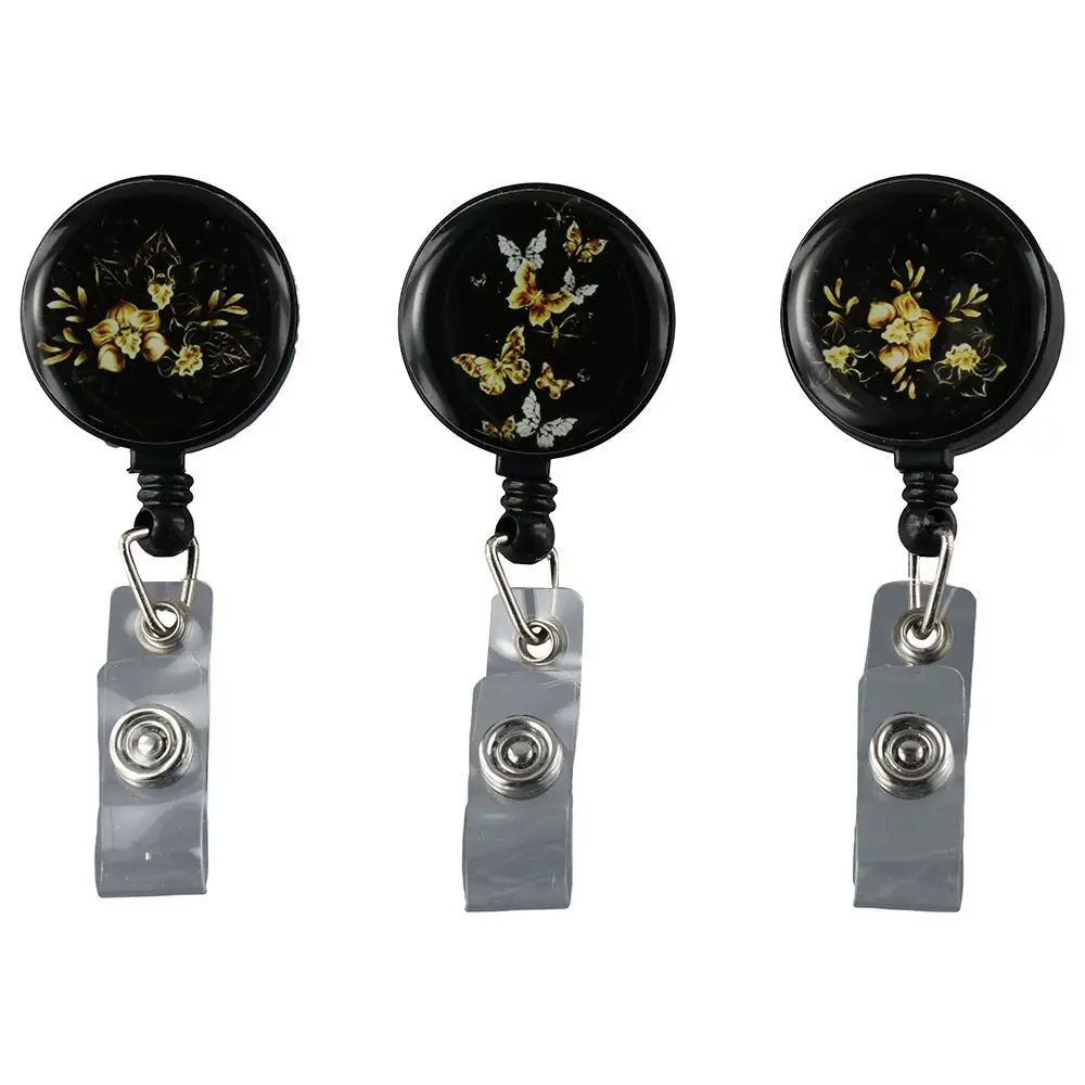 

Черный выдвижной Бейдж, пластиковый металлический бейдж для кормления, катушки с зажимом крокодила, золотой черный цветок, бейдж, зажим для офиса
