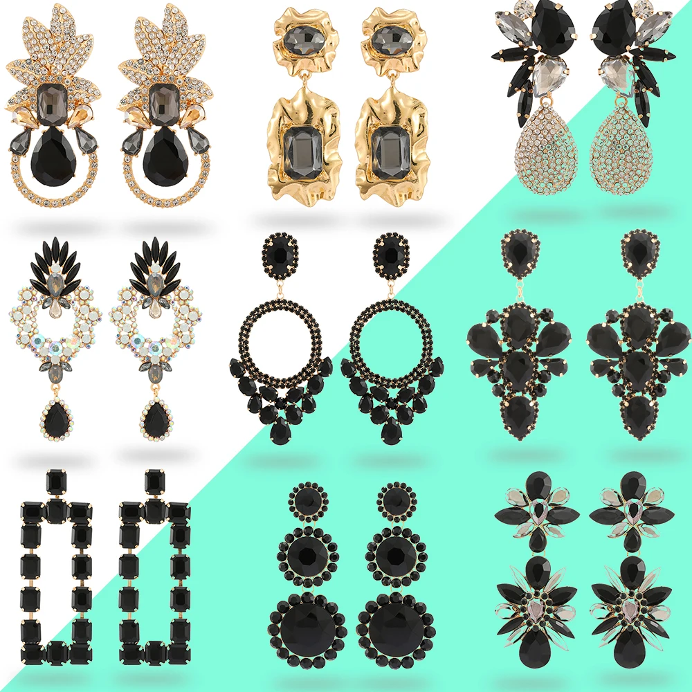 

Black Series Punk Gothic Vintage Geometric Summer Crystal Dangle Earrings For Women Trendy Luxury Heart Flower Pendant Jewelry
