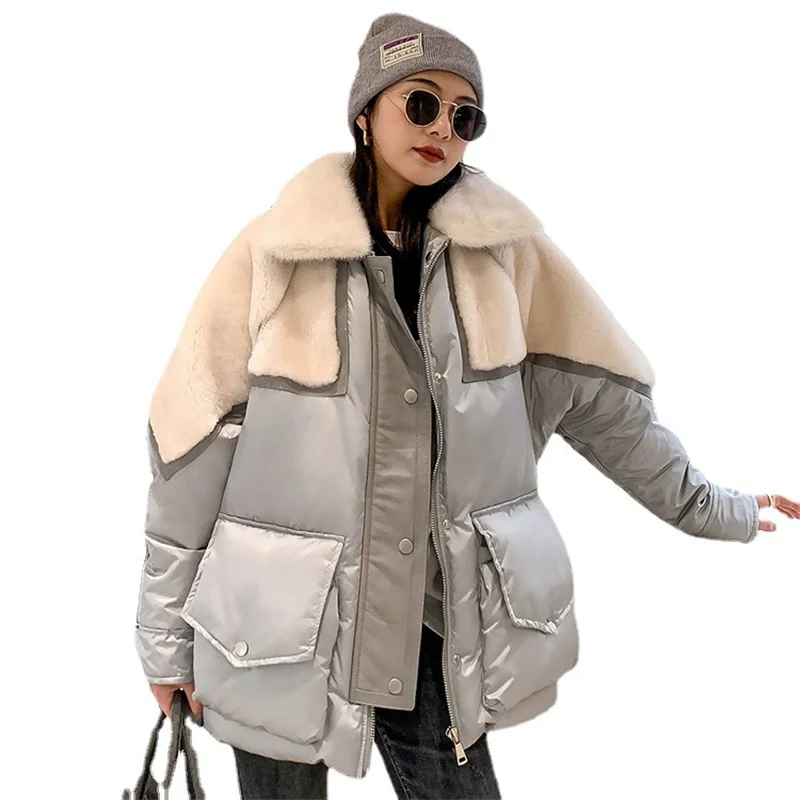 

Women 2023 Loose Newest Fashion Jacket Lamb Fur Mink Fur Collar Supper Warm Thicken Female Coat Long Sleeve Women Winter Parker