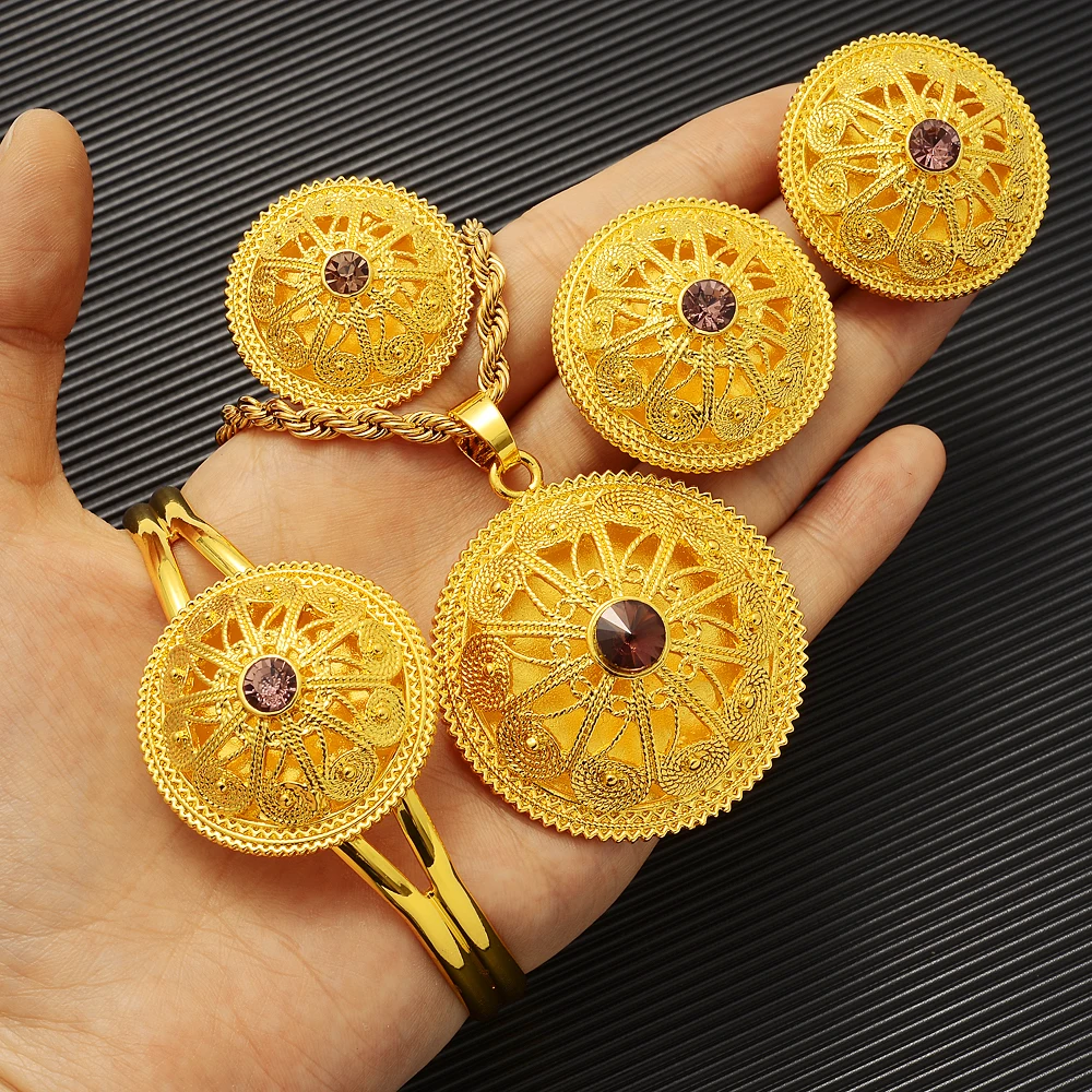 

24K Gold Traditional Classic Ethiopian Dubai Purple CZ Jewelry the African bride Habisha lucky Patry Jewelry Set Gifts