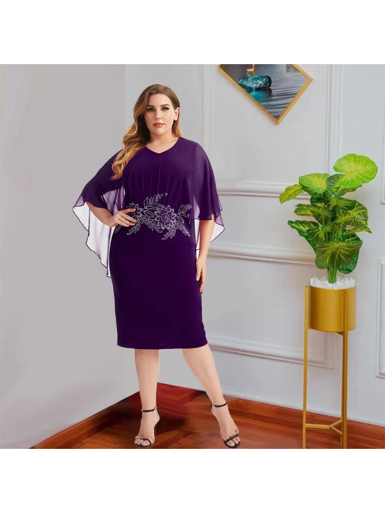 Summer temperament slim foreign trade large size women's solid color V-neck chiffon red knitted dress plus size dresses