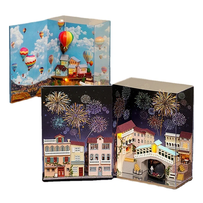 

3D Wooden Bookstand Series Mini Bookstore "Water City Journal" "Hot Air Balloon" Children's Handmade Creative Toys