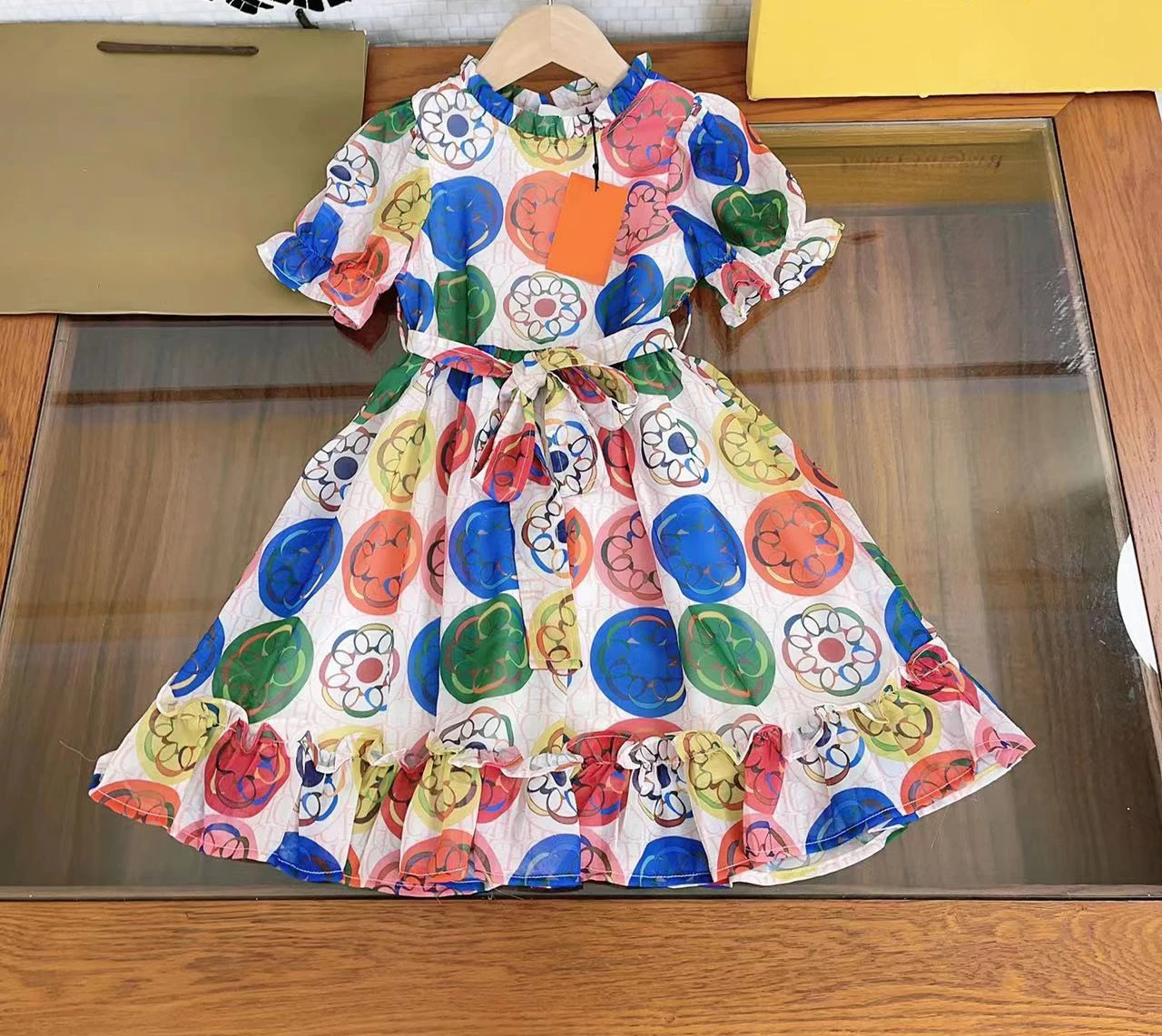 

JICUSYAN Girl Dress High End Children New Summer Striped Small Princess Vintage Flowers Print Belt Casual