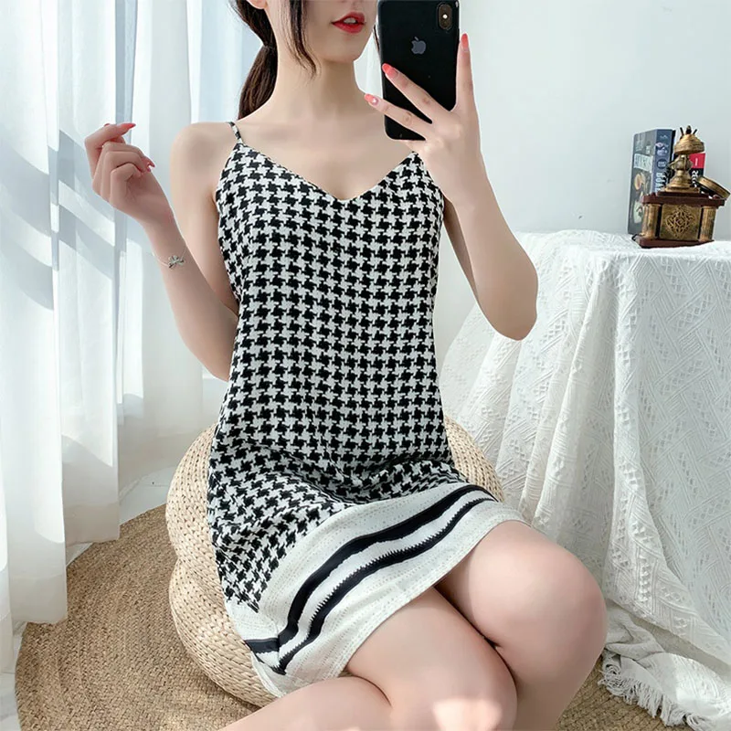YFTNH Women Night Dress Summer Plaid Sleeveless Sleepwear Suspender Skirt Nightgown Mini Dresses Fashion Ladies Homewear