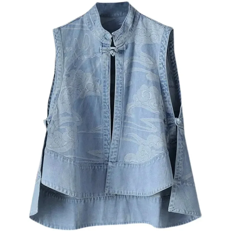 Новый женский ковбойский жилет топы пальто джинсовый с пряжкой в китайском стиле