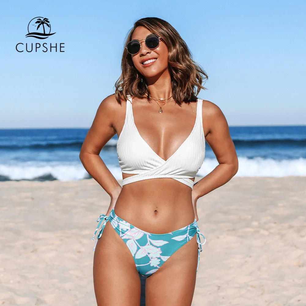 CUPSHE Wrap Drawstring Mid Waist Bikini Set Swimsuit For Women Sexy V-neck Tie Two Pieces Beachwear 2022 Bathing Suit Swimwear
