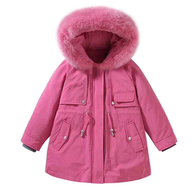 

-35 degree Russian winter Girls down coats for 4-12year fashion kids fur collar long jackets Children's white duck down coats