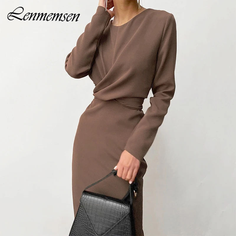 

Lenmemsen Fashion Slim Dresses Women Autumn High Waist O-neck Long Sleeve Midi Dress Female Zipper Elegant Office Lady Hip Dress