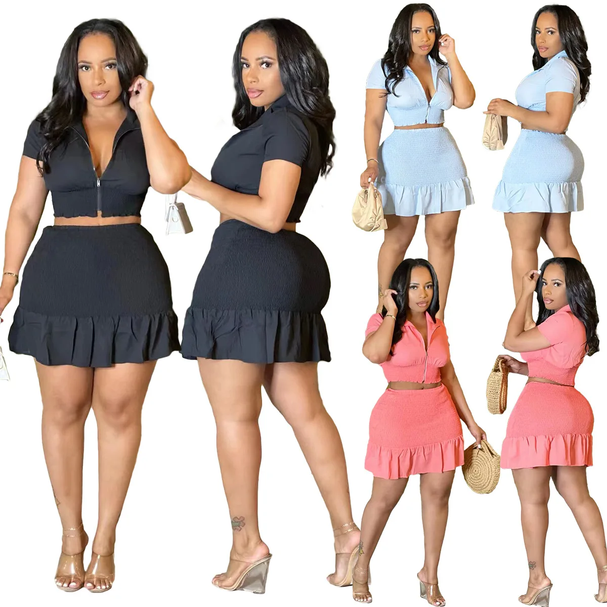 

Ladies Fashion Outfits for Women Casual Women Tracksuit 2 Piece Set 2022 New Sexy Summer Women Solid Pleated Skirt Suit