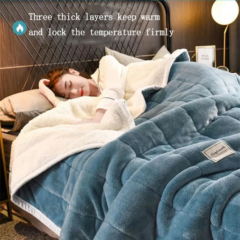 

Coral Fleece Autumn Winter Warm Blankets for Bed 3 Layers Thicken Flannel Blanket Quilt Soft Comfortable Warmth Quilts Washable