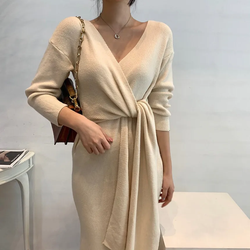 

Winter Women'S Dress 2021 Bodycon Sweater Women Dress Long Sleeve Knitted Dresses Maxi Vintage Oversize Dresses Knitting Fall