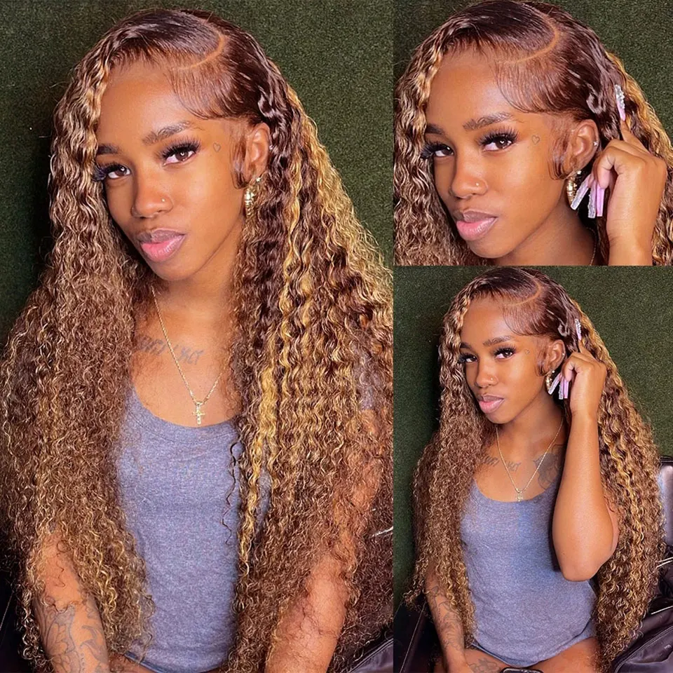 

Ombre Honey Blonde Human Hair Wigs Curly 13x4 Lace Front Wig Pre Plucked Highlight Deep Wave Lace Frontal Wig 150% Density