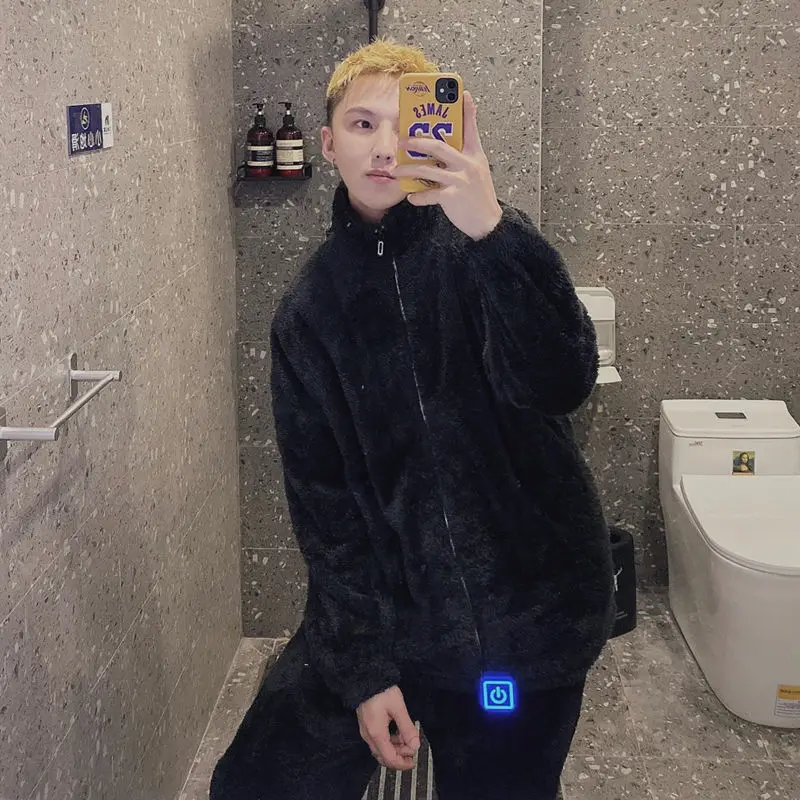 QWEEK Women Winter Pajamas Set Thick Warm Flannel Pijamas Turtleneck Black Gray Solid Color Zipper Pyjamas Couples Homewear Cute